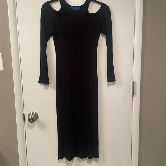Simon Miller Ribbed Cut Out Round Neck Long Sleeve Midi Dress Black Small - Picture 2 of 9